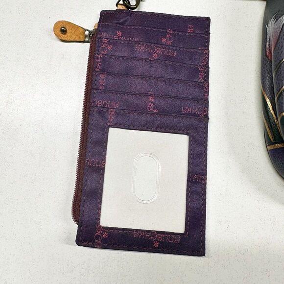 Anuschka Purple Black Floral Hand Painted Leather Crossbody Bag + Card Holder - Picture 11 of 15